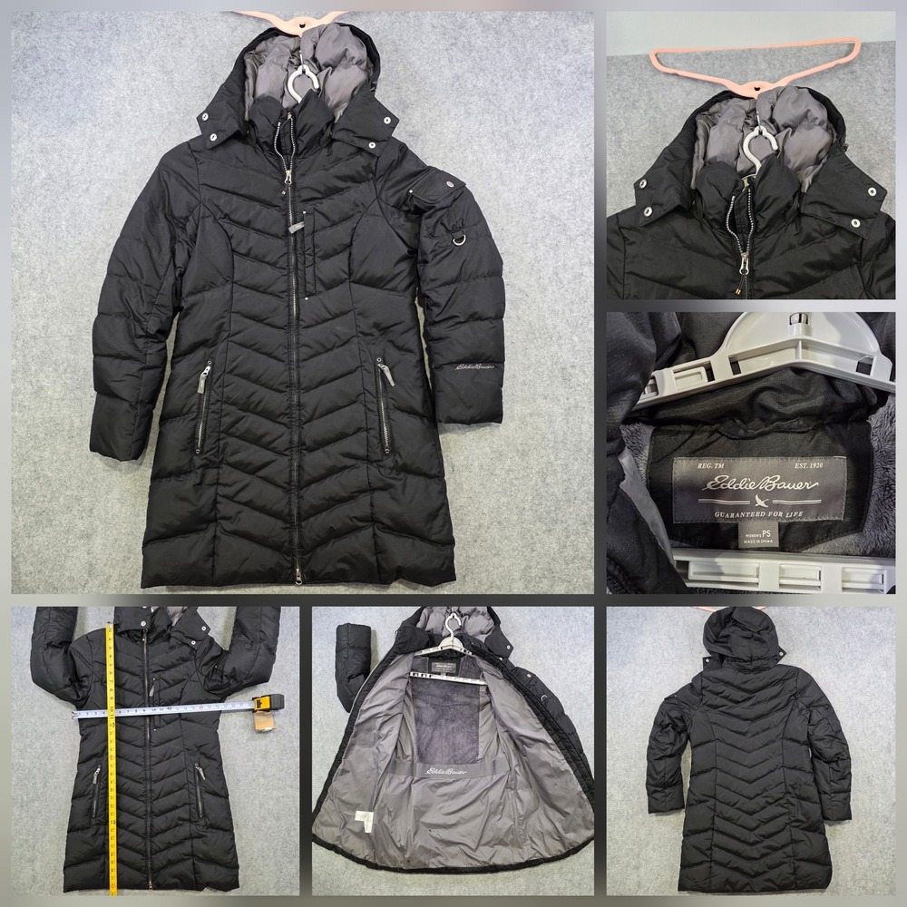 Eddie Bauer Coat Womens Petite Small PS Black Down Puffer Hooded Full Zip Jacket